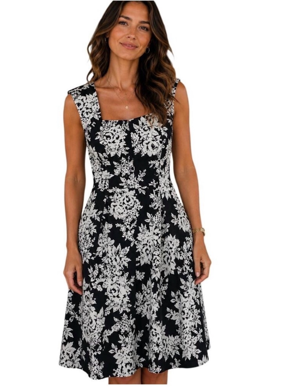 White House Black Market Black 6 White Floral‎ Fit And Flare Dress Day to Night